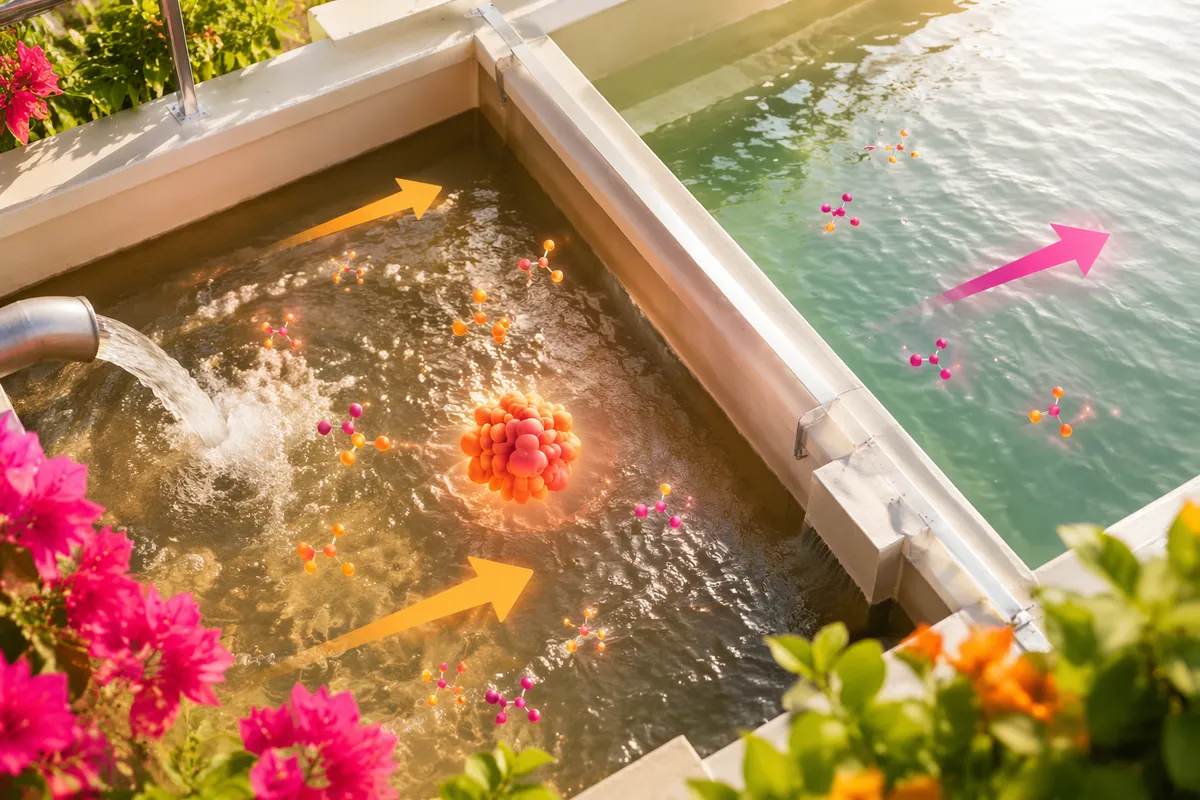 Water pouring into a concrete holding basin, with enzyme action illustrated as glowing particles breaking down organic load before the water moves on
